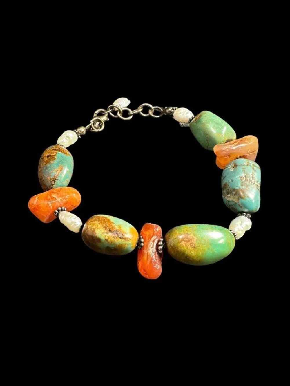Bracelet 925 Turquoise Carnelian And Pearl Beads Adjustable Long Vintage